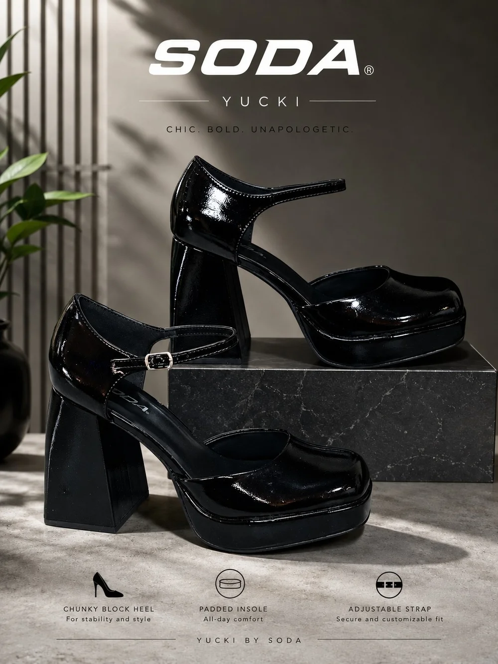 Soda Black Patent Platform Mary Jane Heels 'YUCKI' sz 11